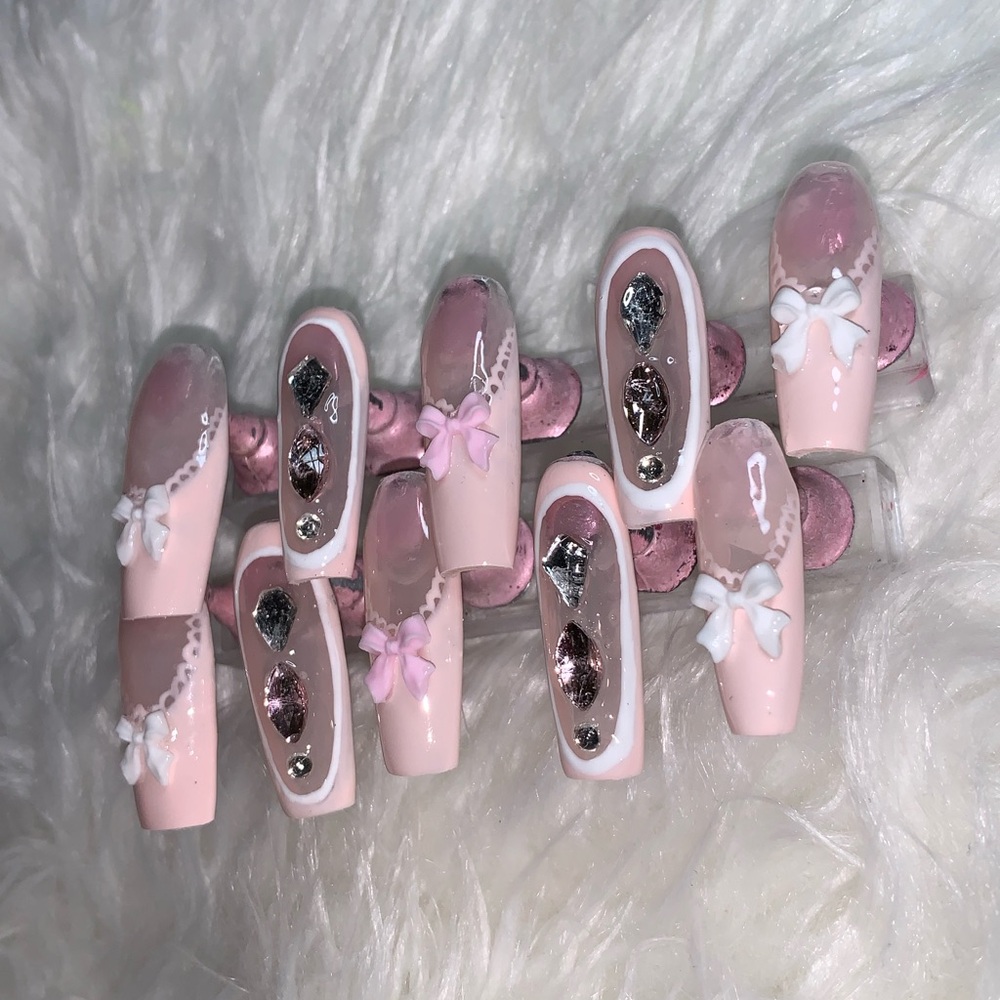 Pink and White Embellished False Nails
